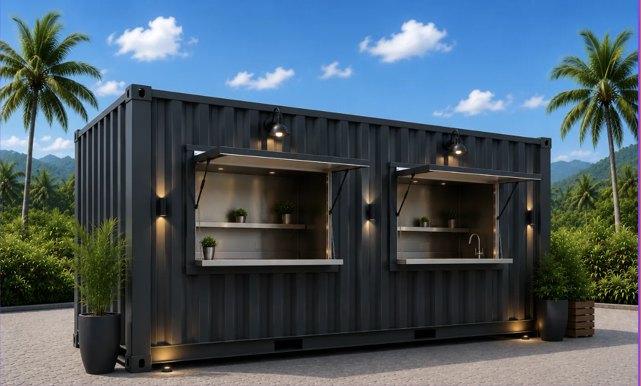 Conteneur maritime aménagé en snack-bar avec comptoirs ouverts